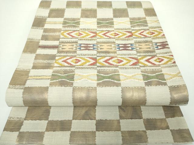 平和屋着物●六通柄袋帯 変わり市松 横段文 金糸 正絹 逸品 DAAX4167ps