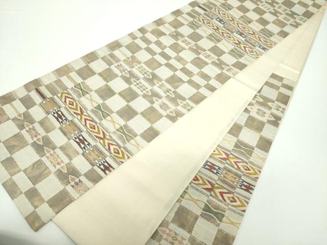 平和屋着物●六通柄袋帯 変わり市松 横段文 金糸 正絹 逸品 DAAX4167ps