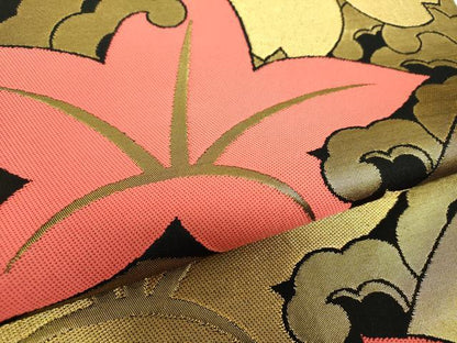 平和屋着物●織物一筋名門　織悦　全通柄　本袋帯　立波桜楓文　黒地　金糸　正絹　逸品　DAAX4181ps