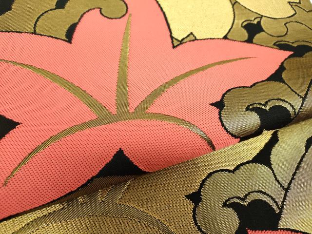 平和屋着物●織物一筋名門　織悦　全通柄　本袋帯　立波桜楓文　黒地　金糸　正絹　逸品　DAAX4181ps