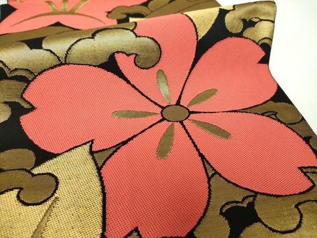 平和屋着物●織物一筋名門　織悦　全通柄　本袋帯　立波桜楓文　黒地　金糸　正絹　逸品　DAAX4181ps