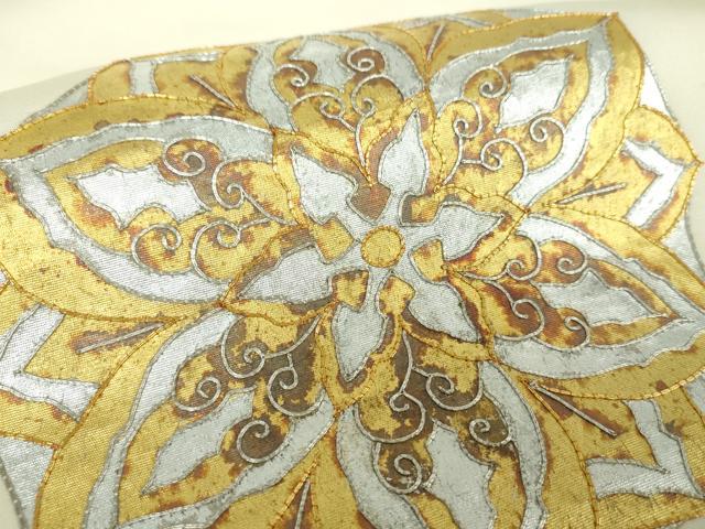 平和屋着物●塩瀬　九寸名古屋帯　駒刺繍　総刺繍　花丸文　金銀彩　正絹　逸品　DAAX4222ps