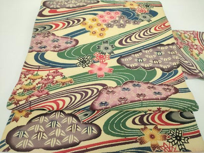 平和屋着物●本場琉球紅型　九寸名古屋帯　流水花文　正絹　逸品　DABE5624ps