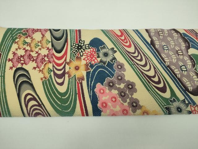 平和屋着物●本場琉球紅型　九寸名古屋帯　流水花文　正絹　逸品　DABE5624ps