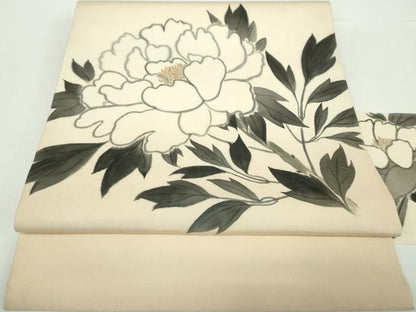 平和屋着物●塩瀬 九寸名古屋帯 作家物 手描き 牡丹文 正絹 逸品 DAAX4231ps