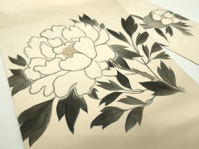 平和屋着物●塩瀬 九寸名古屋帯 作家物 手描き 牡丹文 正絹 逸品 DAAX4231ps