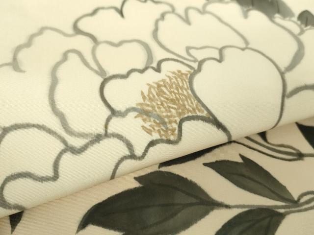 平和屋着物●塩瀬 九寸名古屋帯 作家物 手描き 牡丹文 正絹 逸品 DAAX4231ps