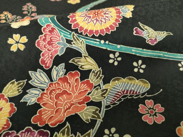 平和屋着物●九寸開き名古屋帯　作家物　本古代　民藝流水紋紅型　黒地　証紙付き　正絹　逸品　DAAX4234ps