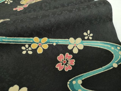 平和屋着物●九寸開き名古屋帯　作家物　本古代　民藝流水紋紅型　黒地　証紙付き　正絹　逸品　DAAX4234ps
