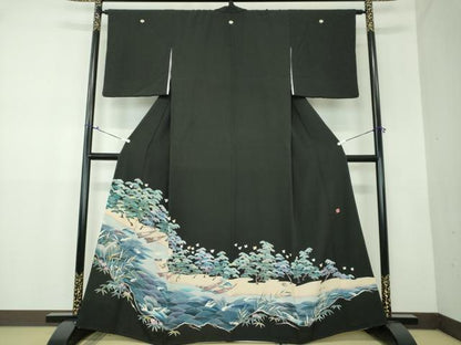 平和屋着物●豪華黒留袖　友禅　作家物　浜松文　千鳥　暈し染め　正絹　逸品　DAAX4269ps