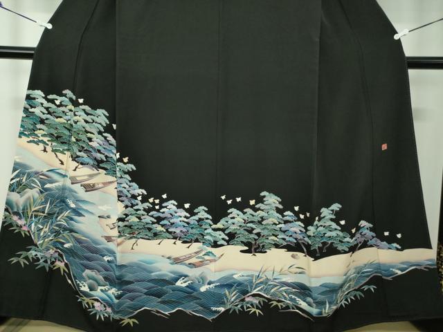平和屋着物●豪華黒留袖　友禅　作家物　浜松文　千鳥　暈し染め　正絹　逸品　DAAX4269ps