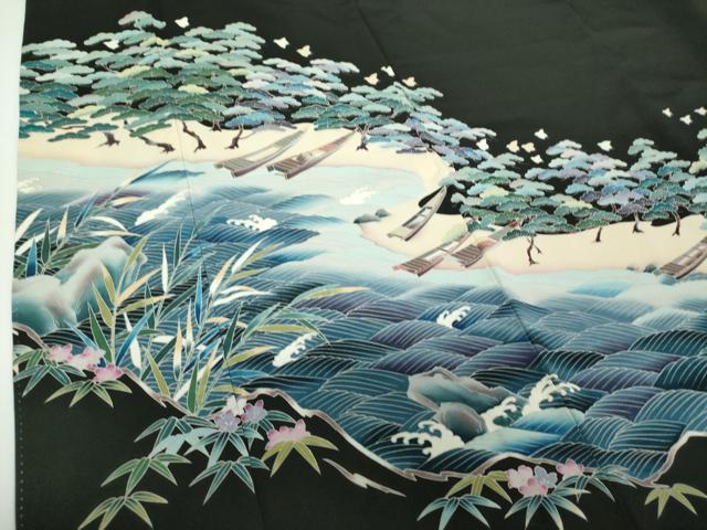 平和屋着物●豪華黒留袖　友禅　作家物　浜松文　千鳥　暈し染め　正絹　逸品　DAAX4269ps
