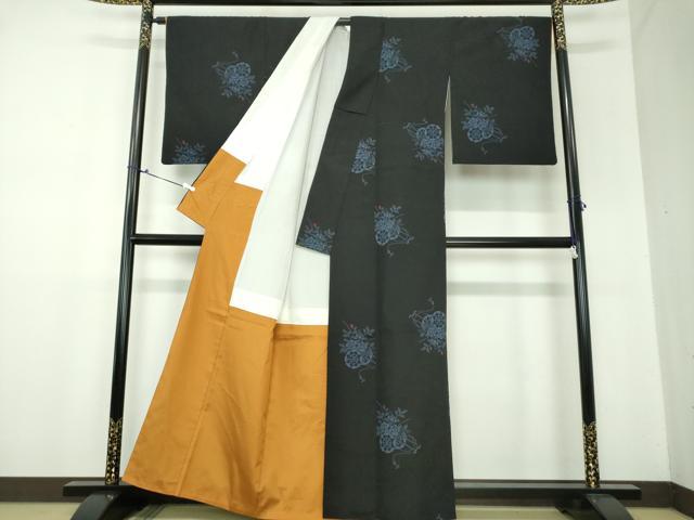 平和屋着物●民芸手織　越後絣　花車文　黒地　吉沢織物　証紙付き　正絹　逸品　DAAX4326ps