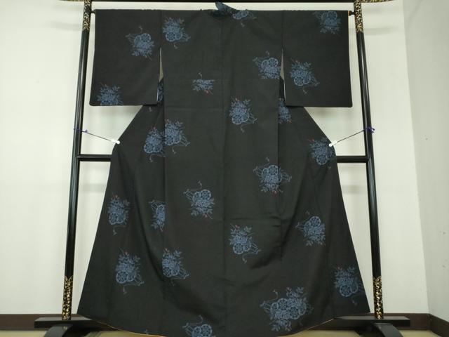 平和屋着物●民芸手織　越後絣　花車文　黒地　吉沢織物　証紙付き　正絹　逸品　DAAX4326ps