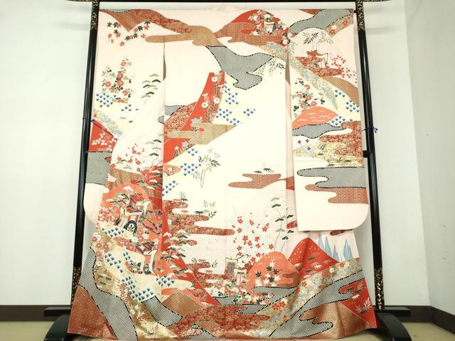 平和屋着物●豪華振袖 駒刺繍 御所車花文 金彩 正絹 逸品 DAAX4413ps