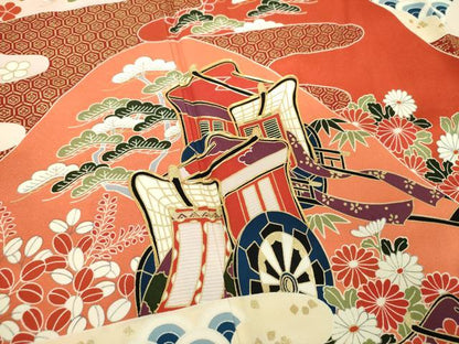 平和屋着物●豪華振袖 駒刺繍 御所車花文 金彩 正絹 逸品 DAAX4413ps