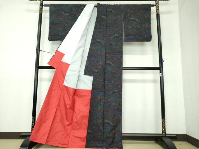 平和屋着物●結城紬　風景花文　正絹　逸品　DAAX4443ps