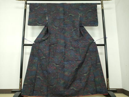 平和屋着物●結城紬　風景花文　正絹　逸品　DAAX4443ps