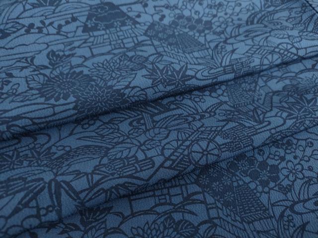 平和屋着物●本藍 型絵染 小紋 風景花文 正絹 逸品 DAAX4446ps
