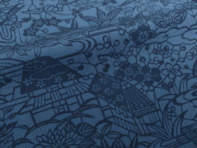 平和屋着物●本藍 型絵染 小紋 風景花文 正絹 逸品 DAAX4446ps