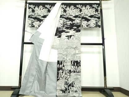 平和屋着物●創業140年　小糸染芸の四代目　小糸敏夫　訪問着　紬地　手描き　京風俗絵巻　正絹　逸品　DAAX4497ps