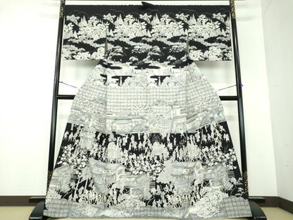 平和屋着物●創業140年　小糸染芸の四代目　小糸敏夫　訪問着　紬地　手描き　京風俗絵巻　正絹　逸品　DAAX4497ps