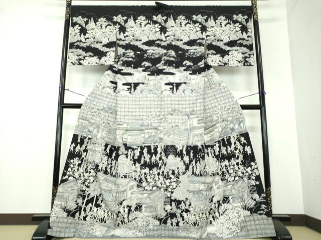 平和屋着物●創業140年　小糸染芸の四代目　小糸敏夫　訪問着　紬地　手描き　京風俗絵巻　正絹　逸品　DAAX4497ps