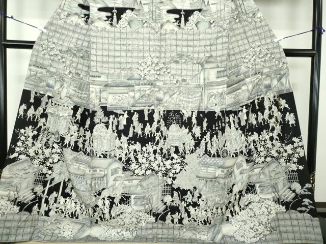 平和屋着物●創業140年　小糸染芸の四代目　小糸敏夫　訪問着　紬地　手描き　京風俗絵巻　正絹　逸品　DAAX4497ps