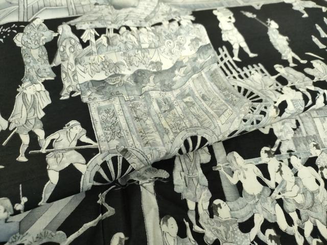 平和屋着物●創業140年　小糸染芸の四代目　小糸敏夫　訪問着　紬地　手描き　京風俗絵巻　正絹　逸品　DAAX4497ps