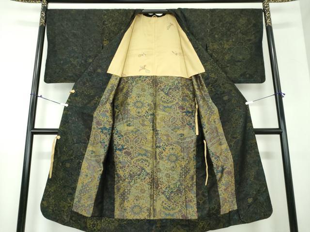 平和屋着物●道行コート　ロング丈　単衣　更紗花文　正絹　逸品　DAAX4507ps