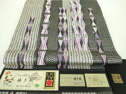 平和屋着物●1897年創業 名門岡野 本場筑前博多織 千年工房 八寸名古屋帯 間道 岡野謹製 博多金ラベル 証紙付 正絹 逸品 未使用 DAAX4633ps