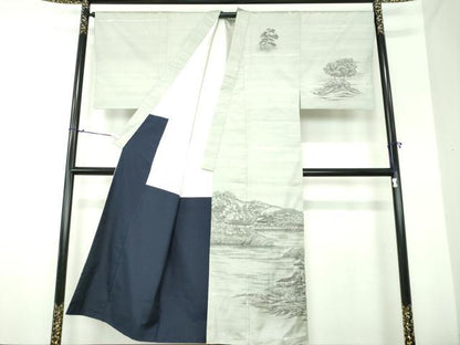 平和屋着物●男性　本場染大島紬　訪問着　作家物　手描き　嵯峨大沢池　正絹　逸品　DAAX4672ps