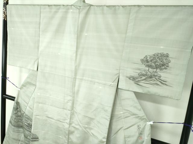 平和屋着物●男性　本場染大島紬　訪問着　作家物　手描き　嵯峨大沢池　正絹　逸品　DAAX4672ps