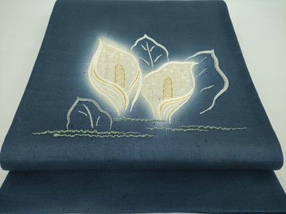 平和屋着物●太鼓柄袋帯　紬地　総刺繍　水芭蕉　金糸　正絹　逸品　DAAX4758ps