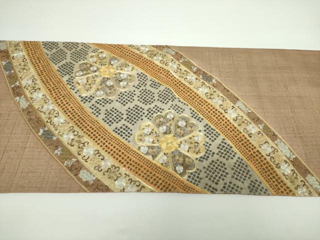 平和屋着物●六通柄袋帯　紬地　駒刺繍　総刺繍　吉祥花文　金糸　正絹　逸品　DAAX4765ps