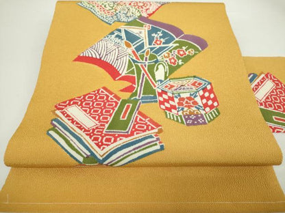 平和屋着物●九寸名古屋帯 型染 冊子花文 鬼しぼ縮緬 正絹 逸品 未使用 DAAX4778ps