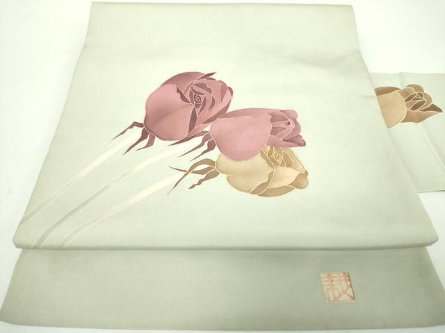 平和屋着物●塩瀬 九寸名古屋帯 作家物 草花文 正絹 逸品 DAAX4799ps