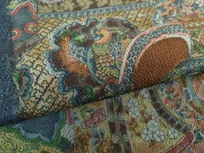 平和屋着物●摺型友禅　京都　多ち花　全通柄　九寸開き名古屋帯　器物花鳥文　鬼しぼ縮緬　正絹　逸品　DAAX4814ps