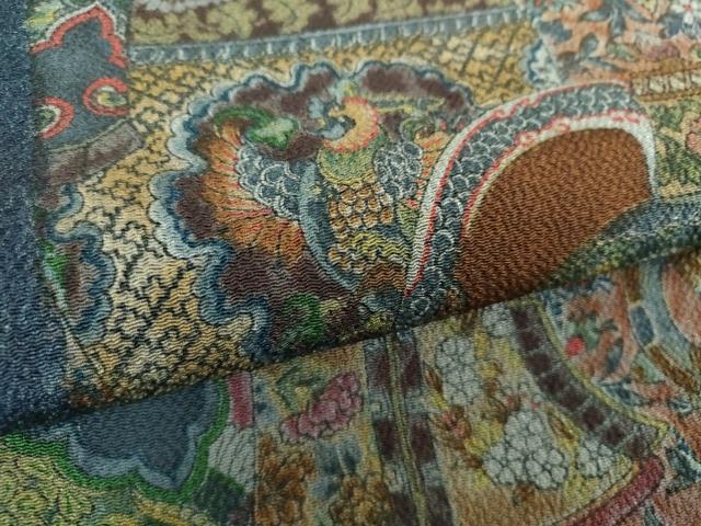 平和屋着物●摺型友禅　京都　多ち花　全通柄　九寸開き名古屋帯　器物花鳥文　鬼しぼ縮緬　正絹　逸品　DAAX4814ps