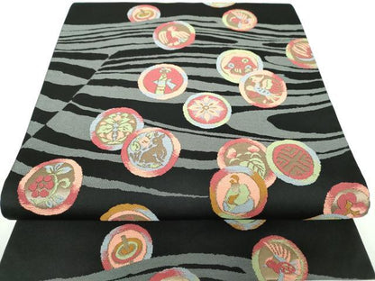 平和屋着物●六通柄袋帯 花鳥丸文 黒地 金糸 正絹 逸品 DAAX4845ps