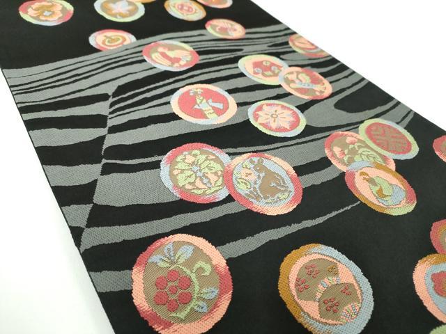 平和屋着物●六通柄袋帯 花鳥丸文 黒地 金糸 正絹 逸品 DAAX4845ps