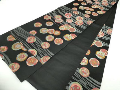 平和屋着物●六通柄袋帯 花鳥丸文 黒地 金糸 正絹 逸品 DAAX4845ps