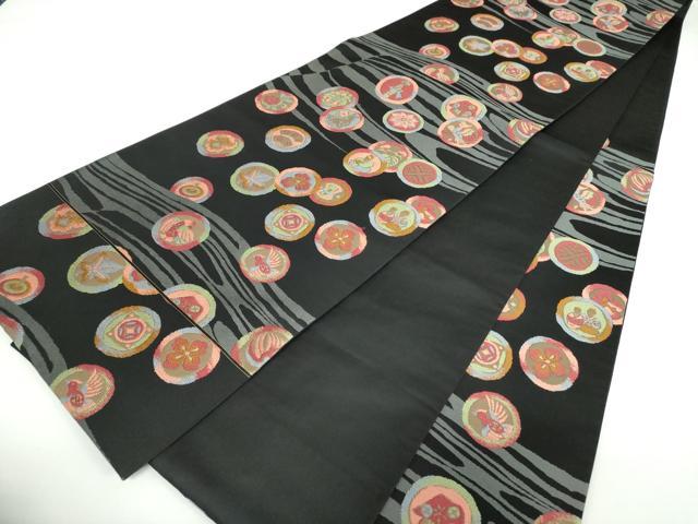 平和屋着物●六通柄袋帯 花鳥丸文 黒地 金糸 正絹 逸品 DAAX4845ps