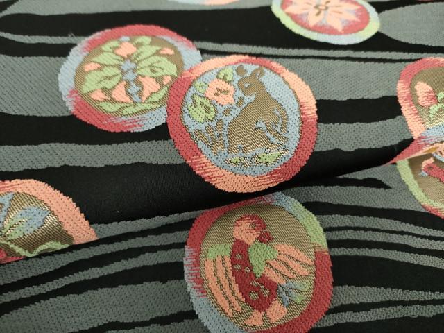 平和屋着物●六通柄袋帯 花鳥丸文 黒地 金糸 正絹 逸品 DAAX4845ps