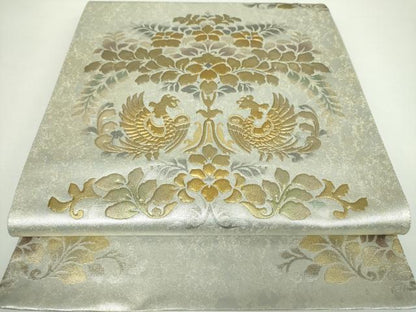 平和屋着物●金彩友禅作家　堤順三　太鼓柄袋帯　光彩?蒔絵　樹下向かい鳥花文　金銀彩　引箔　正絹　逸品　未使用　DAAX4878ps