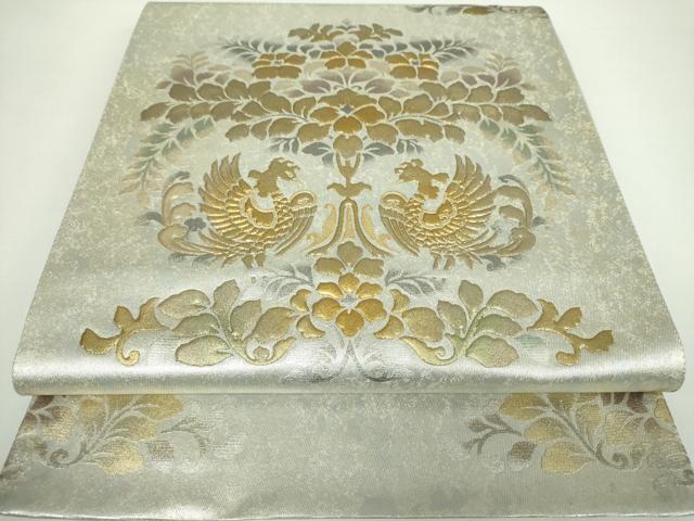 平和屋着物●金彩友禅作家　堤順三　太鼓柄袋帯　光彩?蒔絵　樹下向かい鳥花文　金銀彩　引箔　正絹　逸品　未使用　DAAX4878ps
