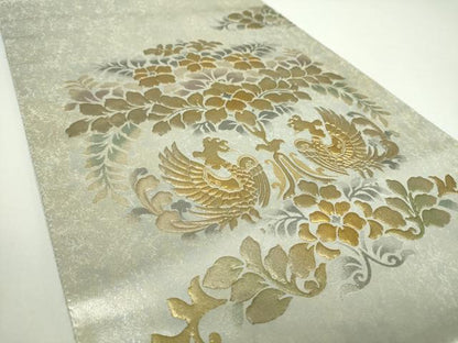 平和屋着物●金彩友禅作家　堤順三　太鼓柄袋帯　光彩?蒔絵　樹下向かい鳥花文　金銀彩　引箔　正絹　逸品　未使用　DAAX4878ps