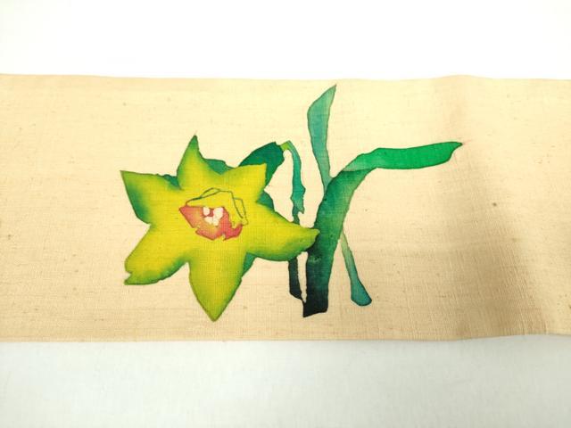平和屋着物●九寸名古屋帯　紬地　手描き　いわす　水仙　正絹　逸品　DAAX4928ps