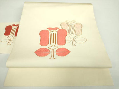 平和屋着物●塩瀬 九寸名古屋帯 駒刺繍 総刺繍 草花文 金糸 正絹 逸品 未使用 DAAX4930ps