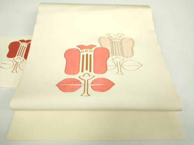 平和屋着物●塩瀬 九寸名古屋帯 駒刺繍 総刺繍 草花文 金糸 正絹 逸品 未使用 DAAX4930ps